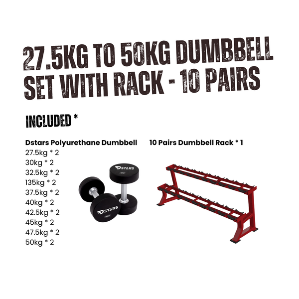 17.5kg to 50kg Dstars Polyurethane Dumbbell Set with Rack - 10 Pairs