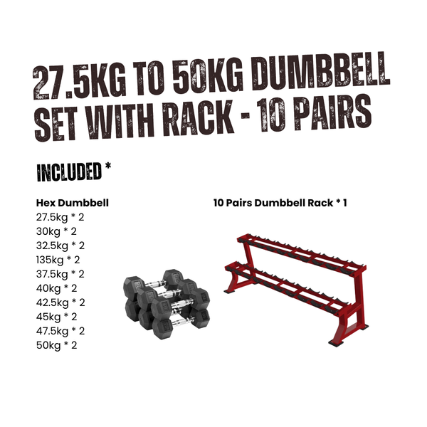 17.5kg to 50kg Hex Dumbbell Set with Rack - 10 Pairs