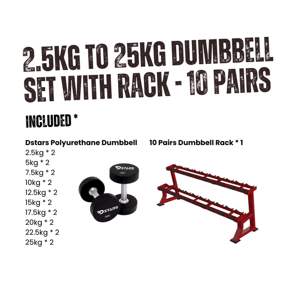 2.5kg to 25kg Dstars Polyurethane Dumbbell Set with Rack - 10 Pairs